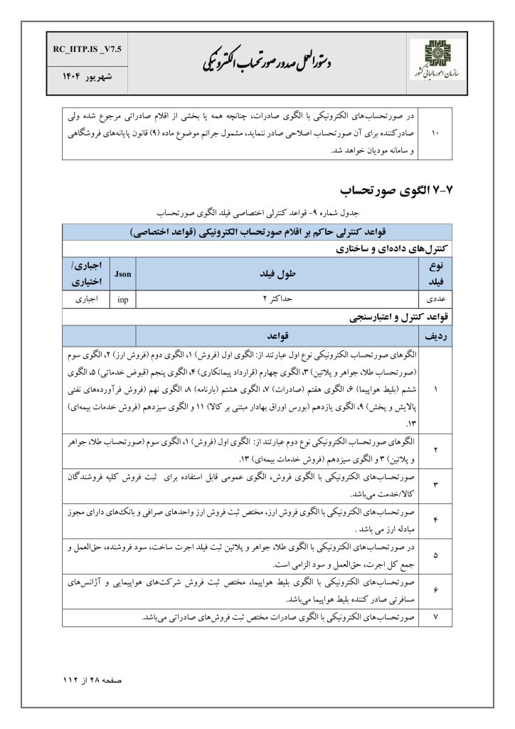 الگوی صورتحساب مالیاتی